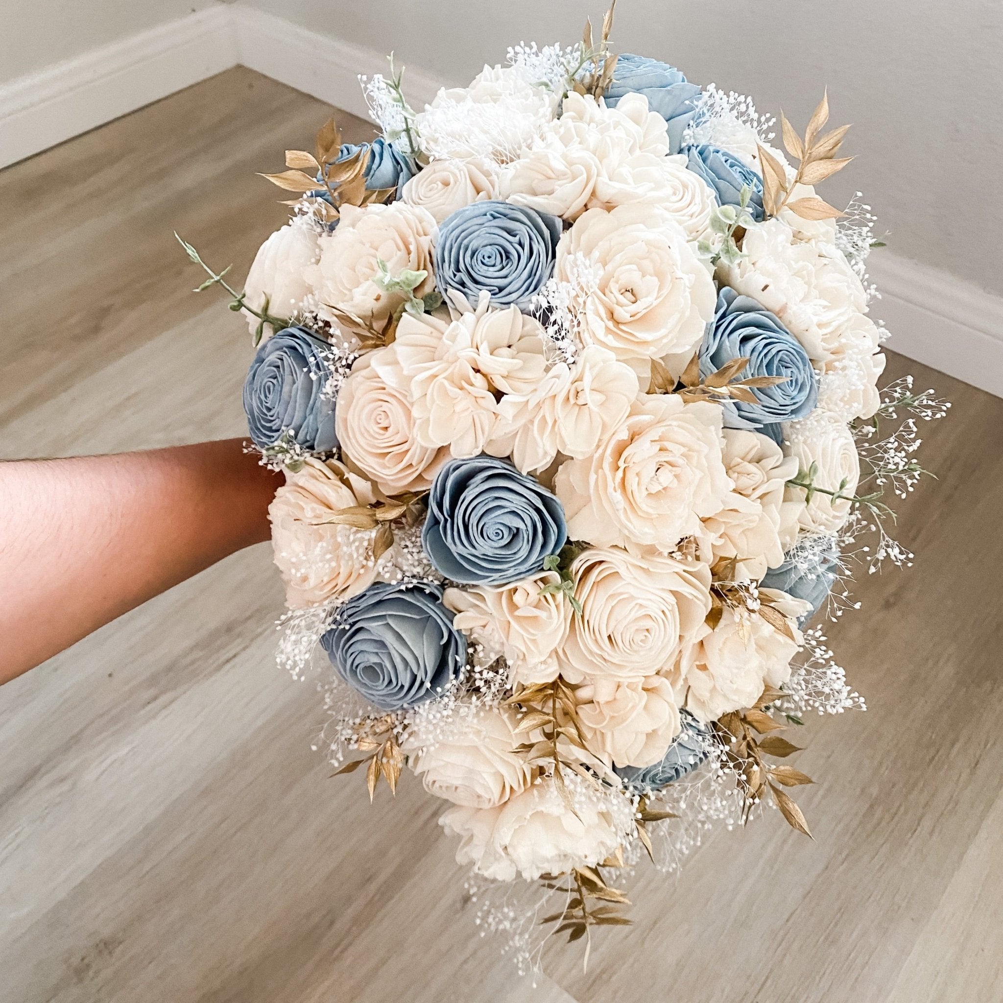 Cascade Wedding Bouquet with a Touch of Dusty Blue - PapiroExtra Large 12&quot; Bride