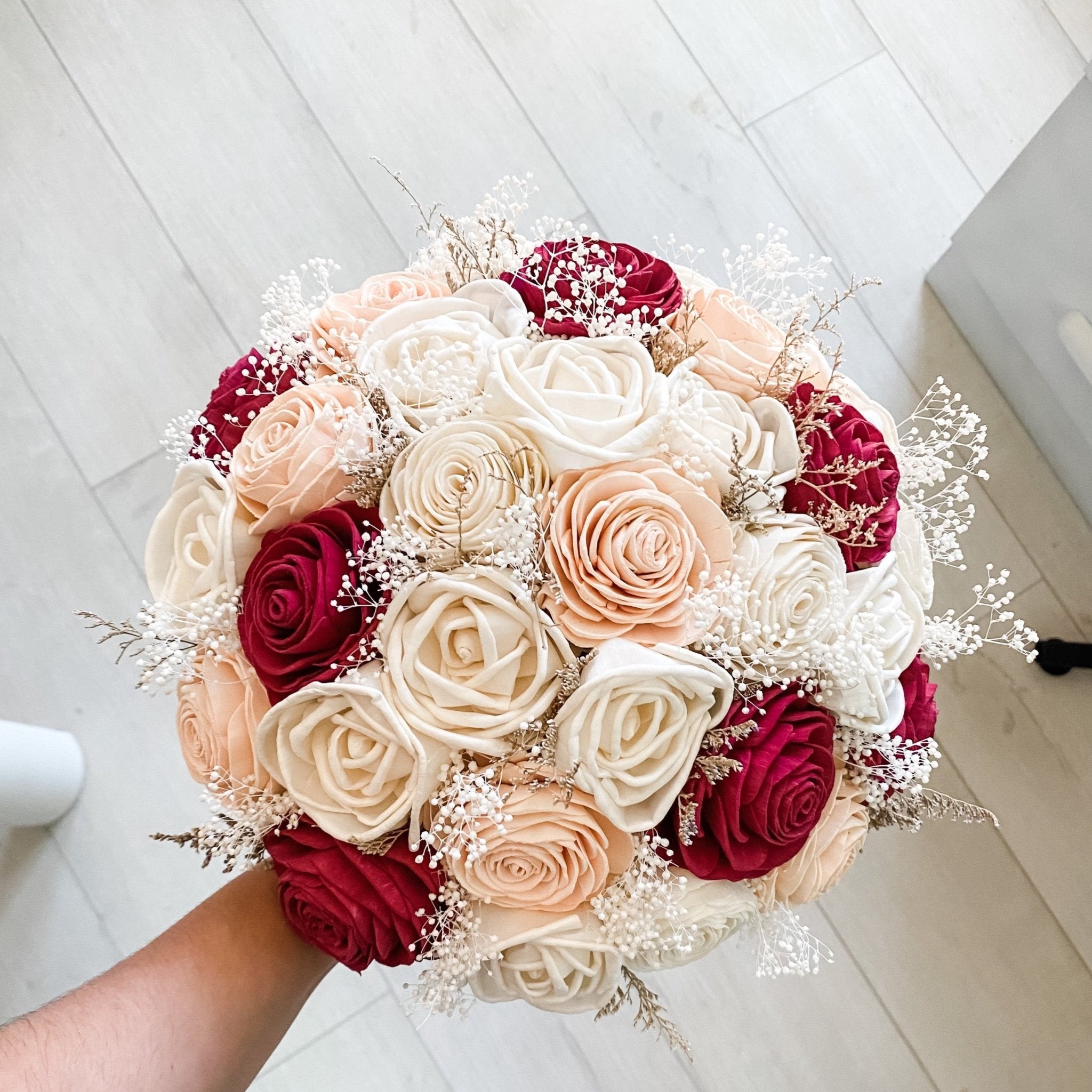 Romantic Rhapsody, Bridal Bouquet with Burgundy, Blush and Ivory Roses - PapiroExtra Large 12&quot; Bride