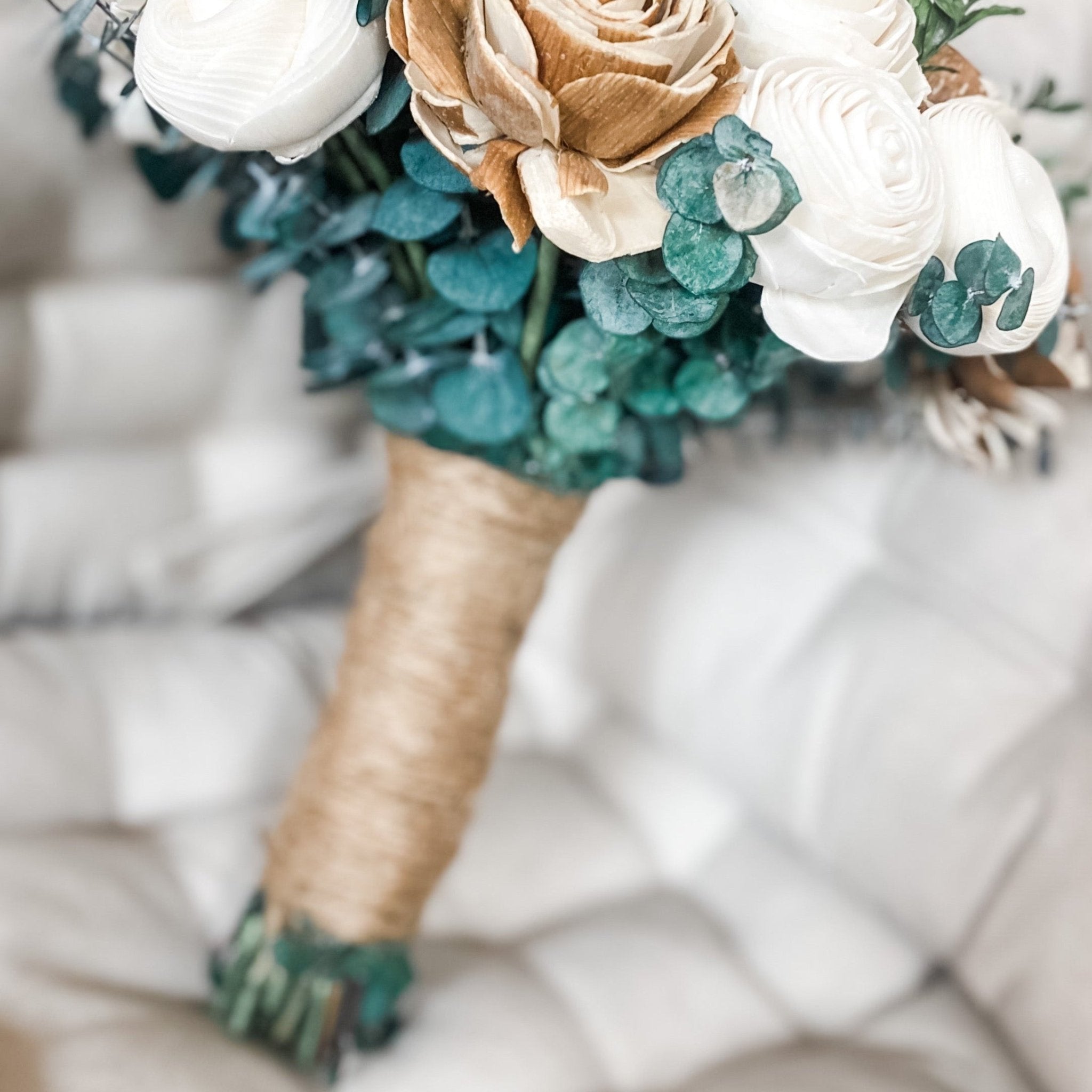 Rustic Woodland Charm, Ivory and Raw Sola Wood Bouquet with Greenery - PapiroExtra Large 12&quot; Bride