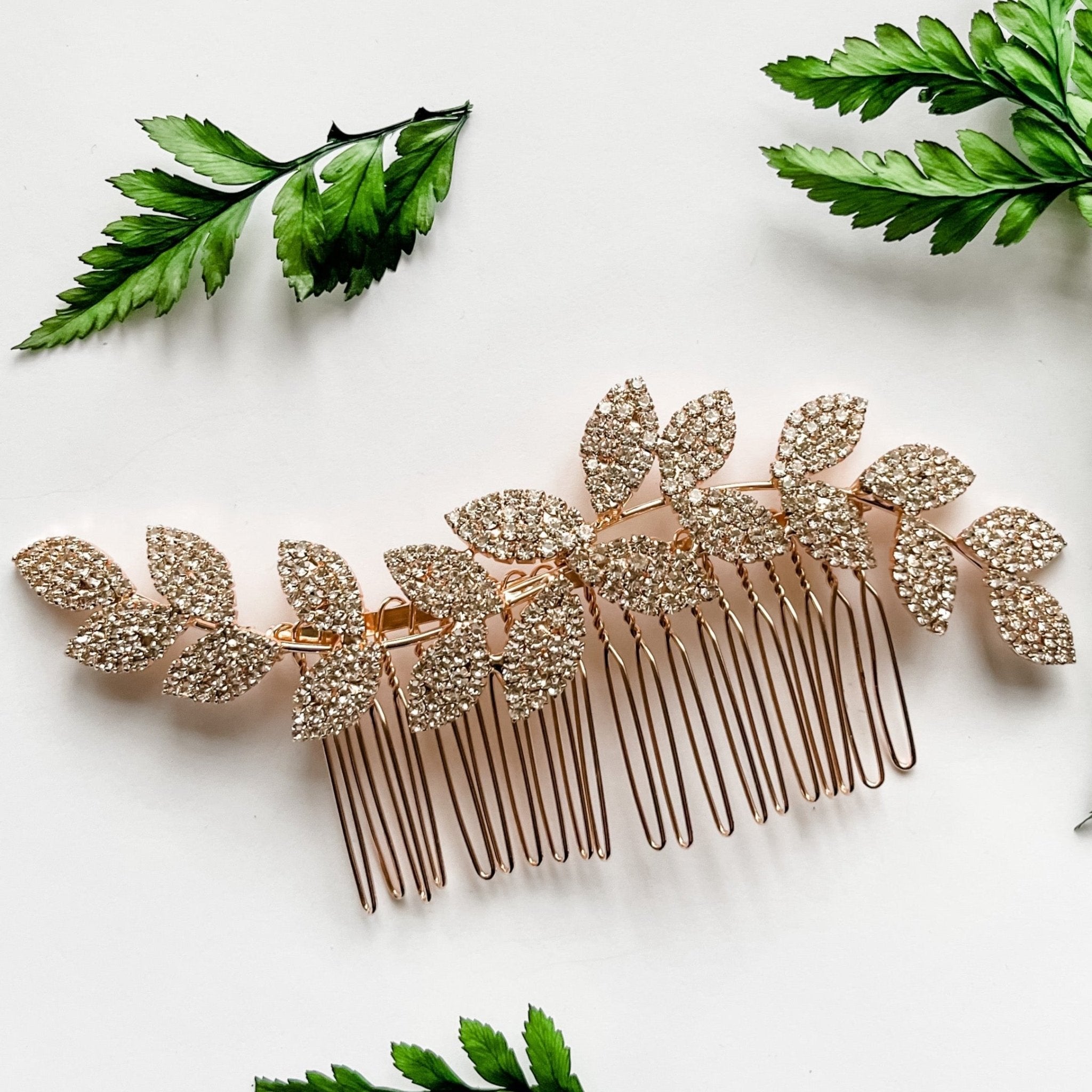 Bride Rose Gold Rhinestone Leaves Hair Comb - Papiro