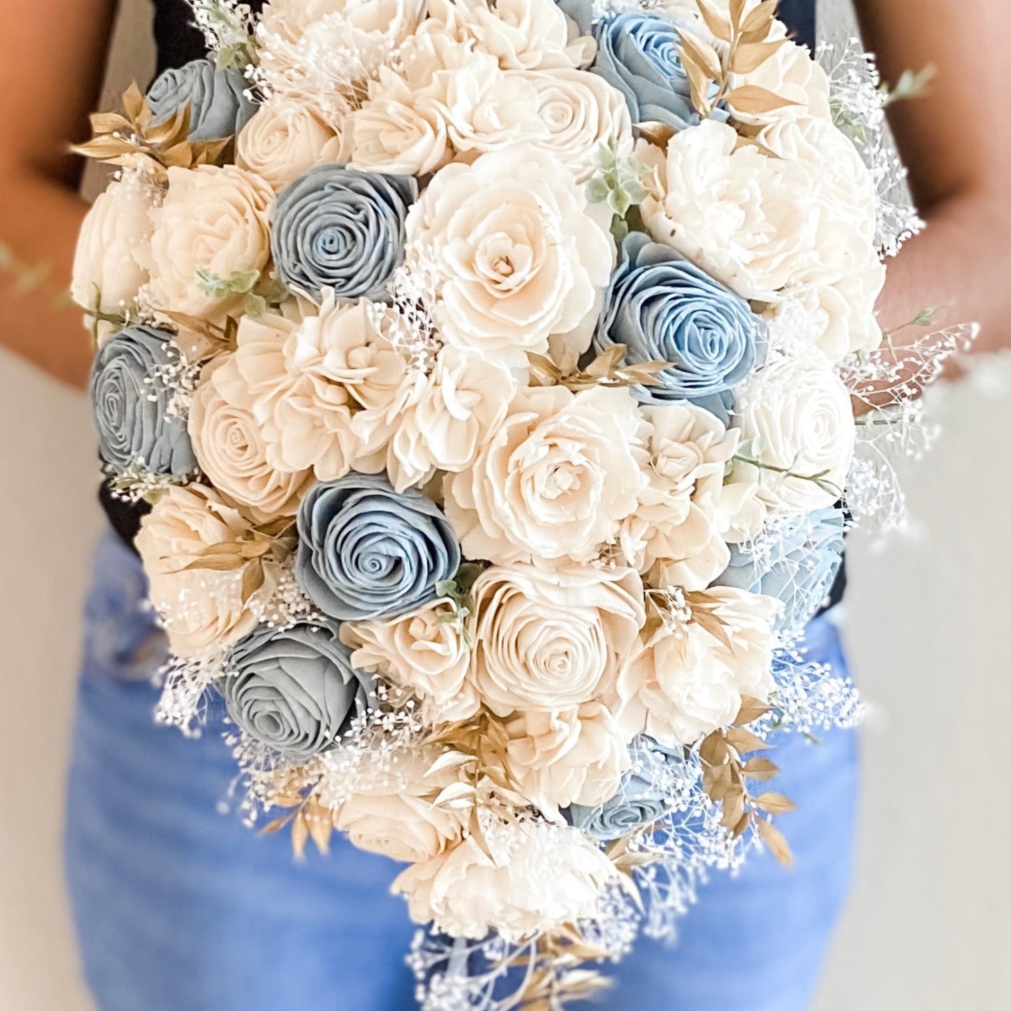Cascade Wedding Bouquet with a Touch of Dusty Blue - PapiroExtra Large 12&quot; Bride