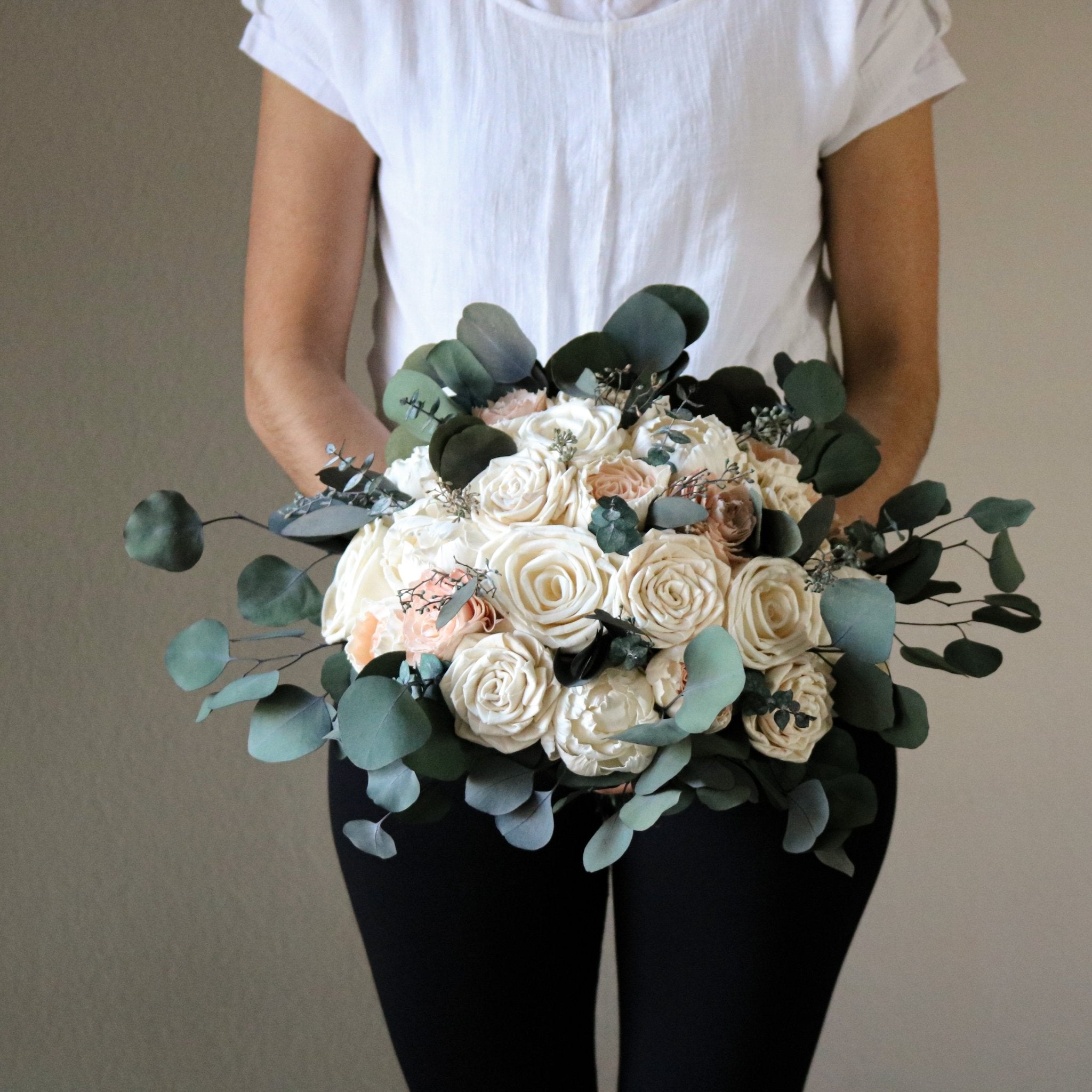 Enchanted Forest, A Dreamy Bouquet of Ivory and Blush Wood Flowers With Preserved Eucalyptus - PapiroExtra Large 12&quot; Bride