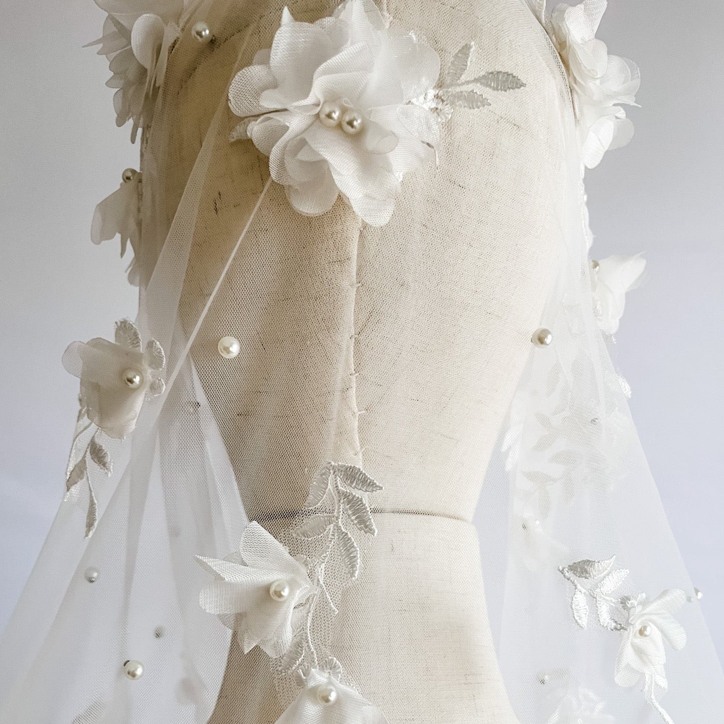 Stunning 3D Flower Lace Wedding Veil with Pearls Cathedral Veil