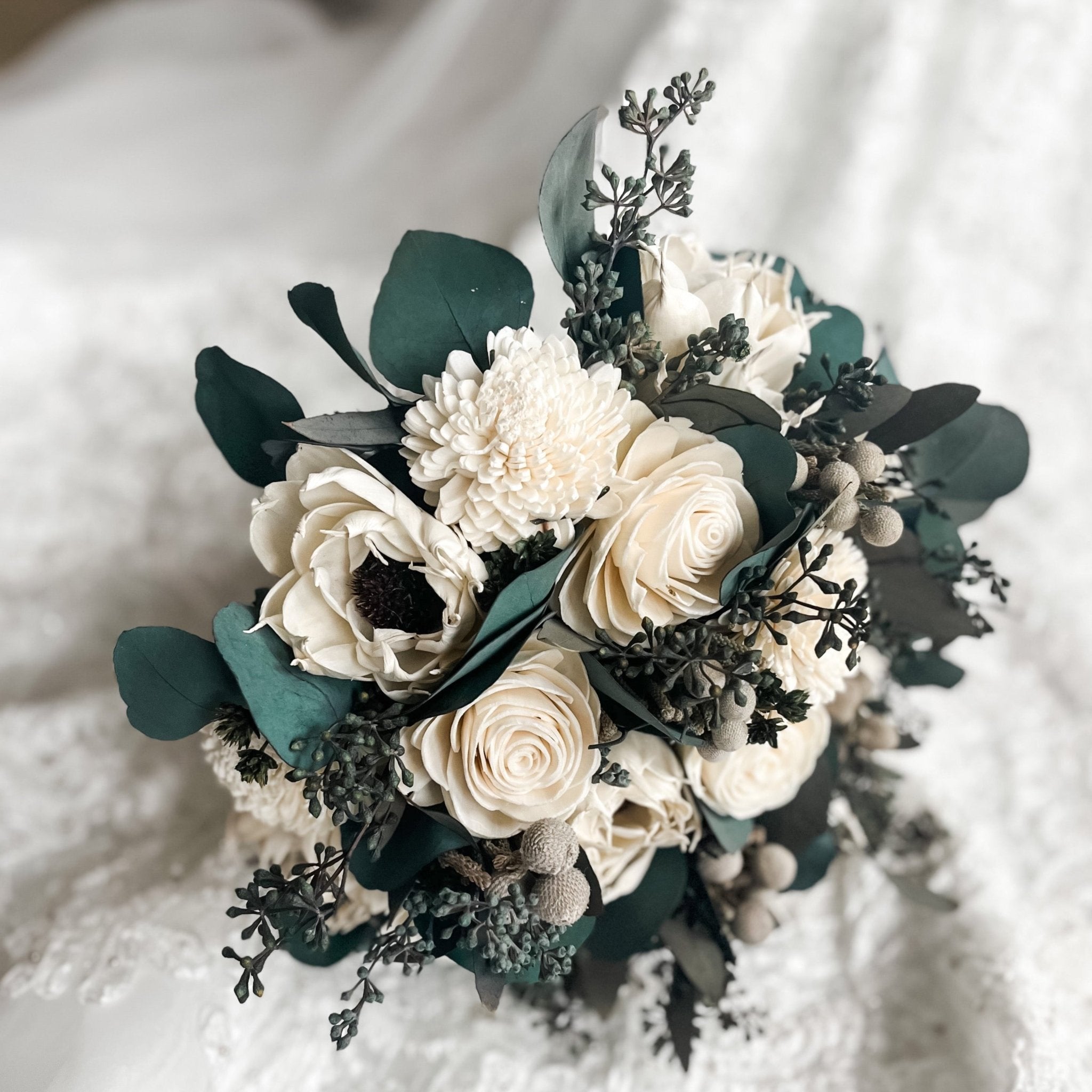 Ivory Serenity: A Beautiful Bouquet of White and Green Flowers - PapiroExtra Large 12&quot; Bride