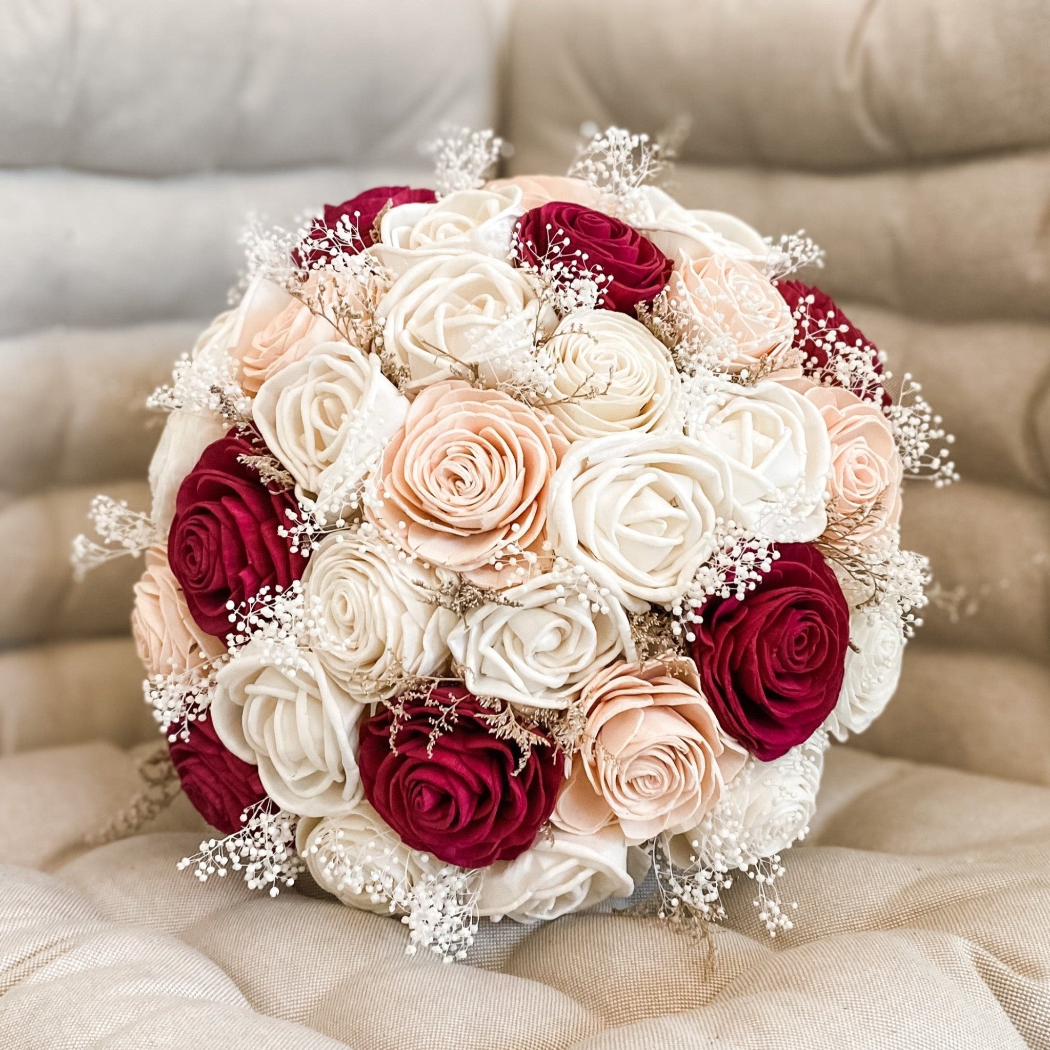 Romantic Rhapsody, Bridal Bouquet with Burgundy, Blush and Ivory Roses - PapiroExtra Large 12&quot; Bride